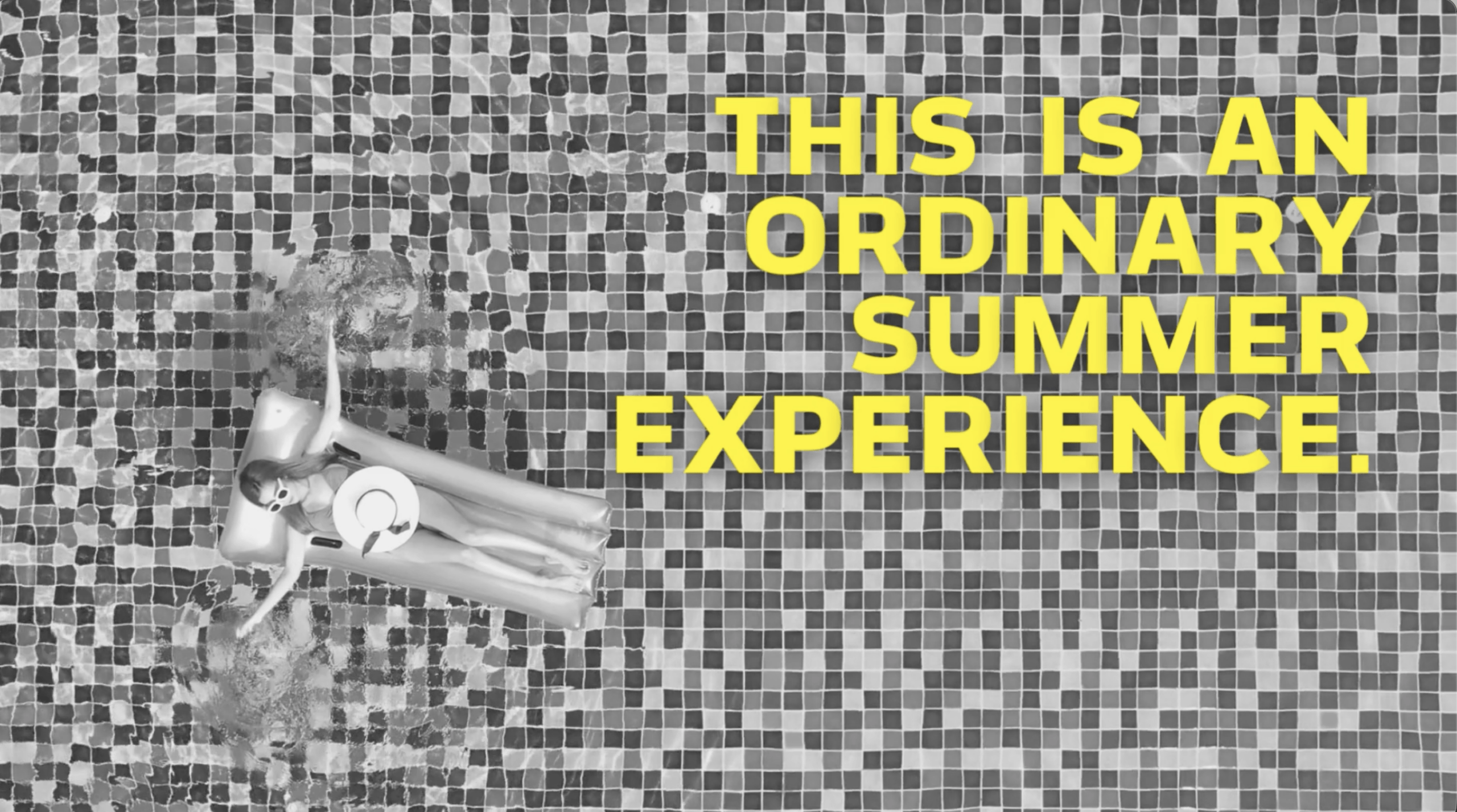 A black and white image of a woman in a swimming pool with yellow text